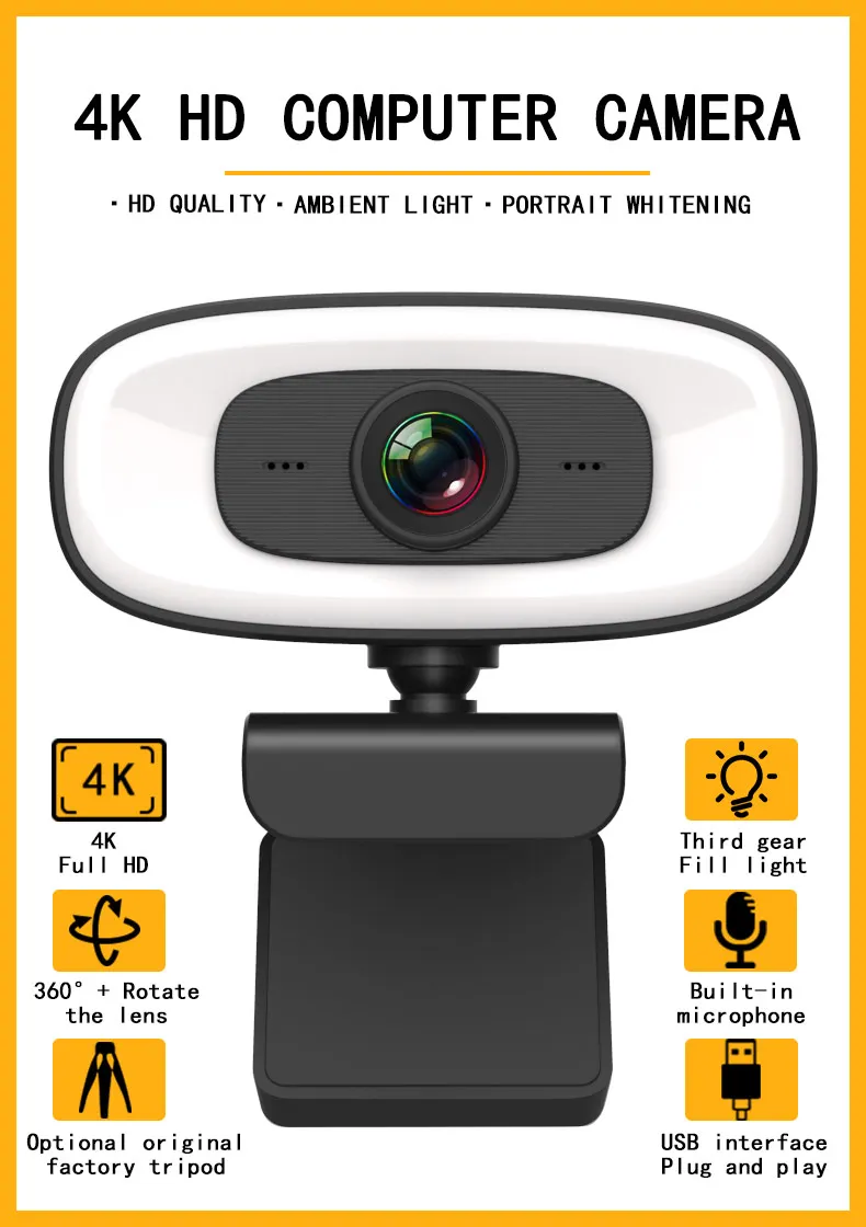 Mini Webcam 4K USB para ordenador, Webcam Full HD 1080P, para trabajar con micrófono, trípode para PC, portátil, cámara de transmisión en vivo