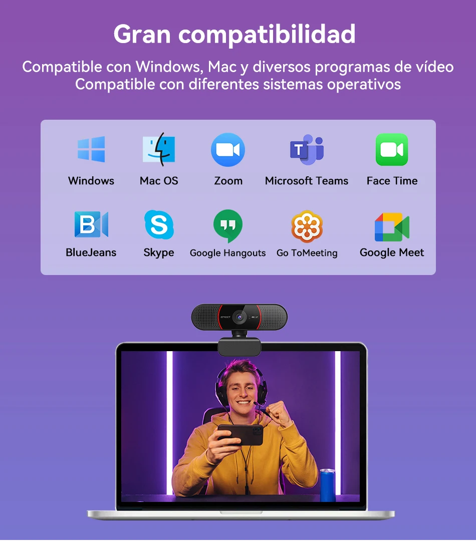 Cámara Web 4K con enfoque automático, minicámara de ordenador con USB y micrófonos para Zoom, equipos, OBS, PC, Mac y ordenador portátil