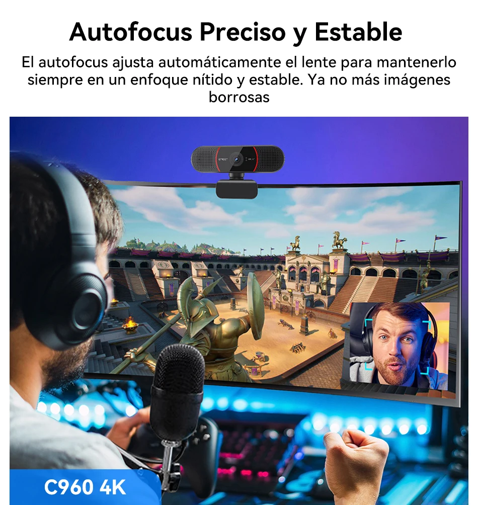 Cámara Web 4K con enfoque automático, minicámara de ordenador con USB y micrófonos para Zoom, equipos, OBS, PC, Mac y ordenador portátil